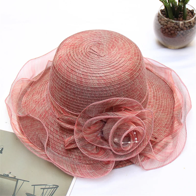 2023 New Summer Organza Fascinator Hat For Women Wedding Church Party Hats Ladies Elegant Flower Charming Mesh Wide Brim Sun Hat