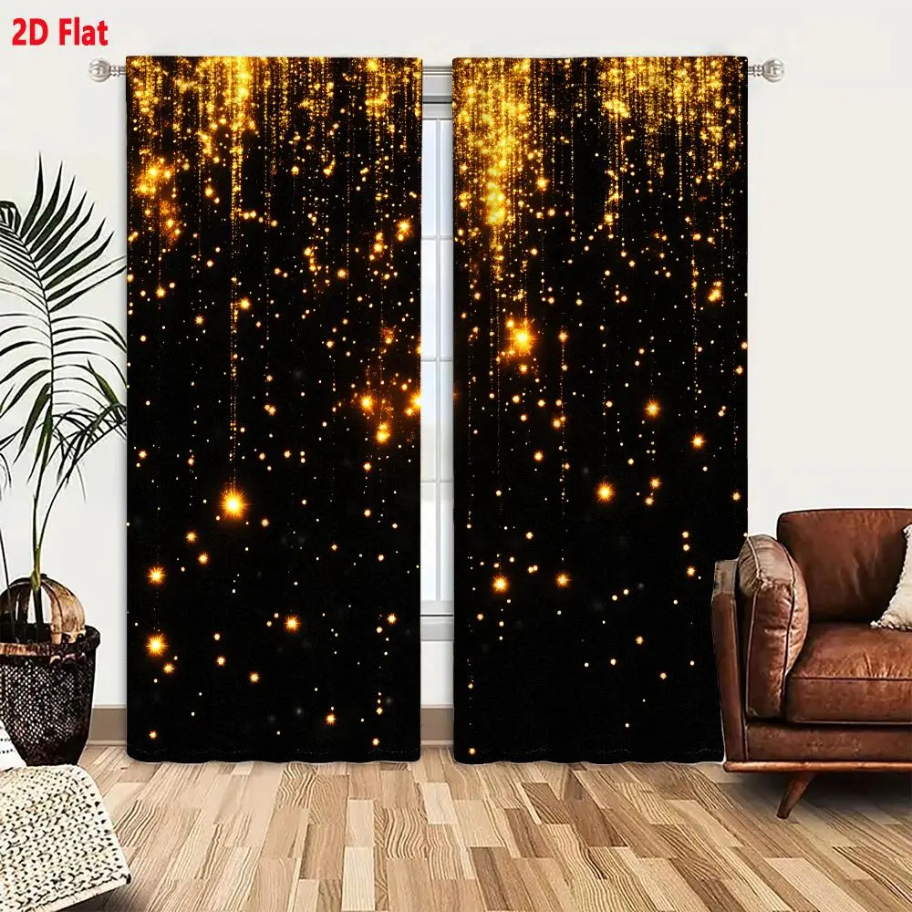 2Pcs Curtains 2D Flat Dynamic Abstract Golden Light Streaks Glowing Dots Festive Magical Ethereal Warm Gold Amber Stars Bokeh Ef