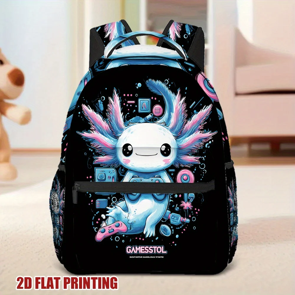Gaming Axolotl Joy Backpack Cute Cartoon Axolotl with Wings Gaming Controllers Print Lightweight Durable Fabric Zipper Closure