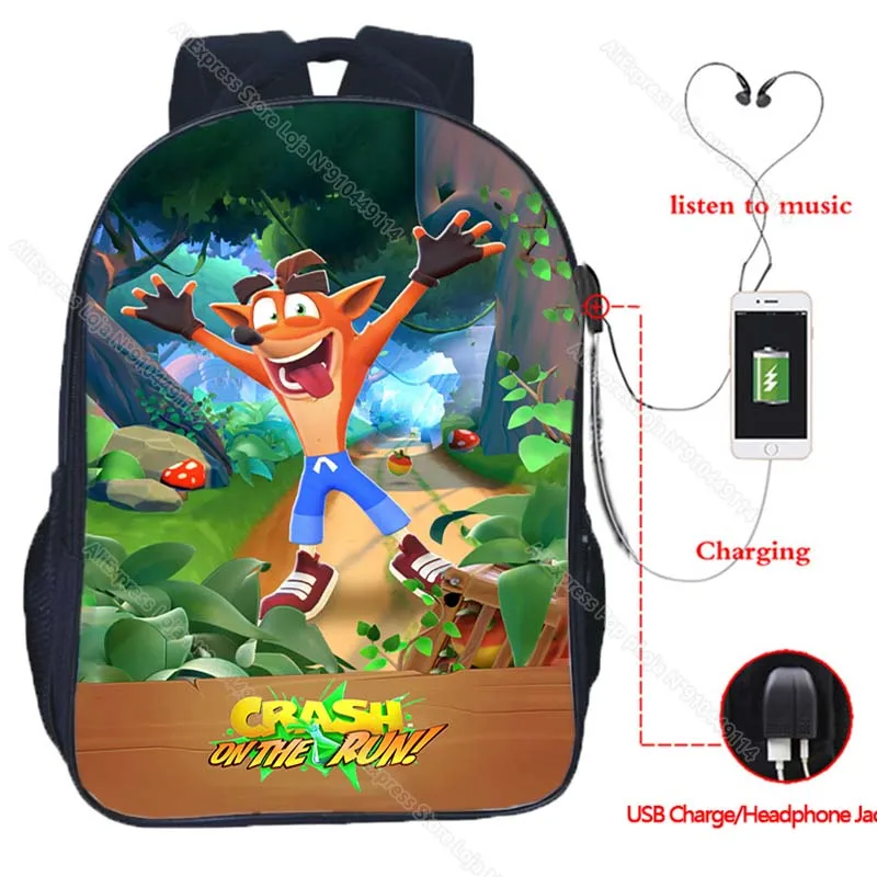 Mochila Crash Bandicoot On the Run para hombre y mujer, morral con carga USB, mochila de dibujos animados para niños y niñas, mochilas escolares de Anime