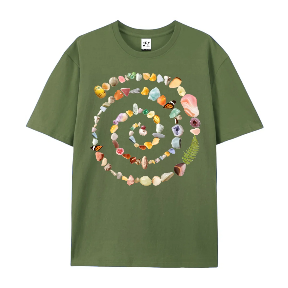 Women Loose Round Neck T Shirt Crystal Stone Spiral Boho Graphic Short Sleeve Casual Summer Nature Art Print Oversized Tees Tops