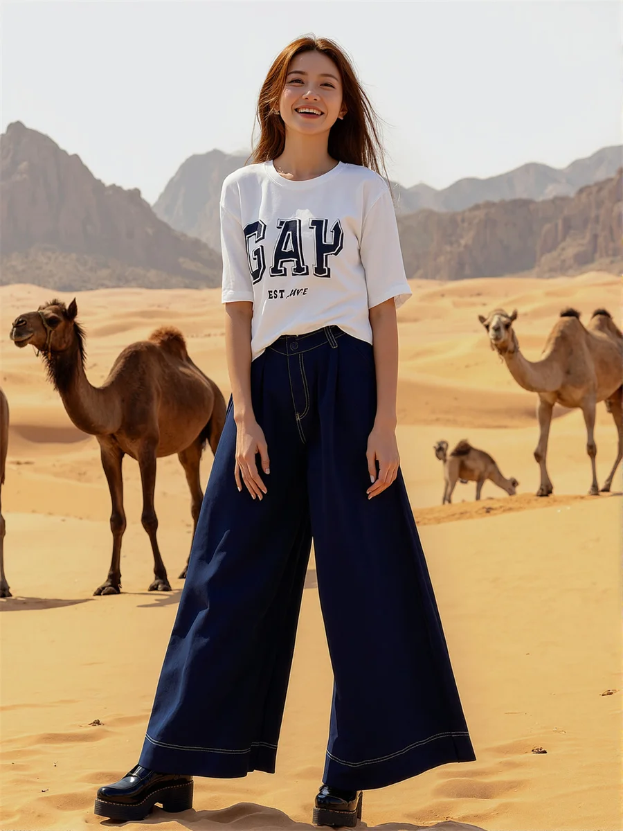 Baggy Wide Leg Denim Jeans Women Micro Elastic Casual Trousers Patchwork Fashionable Vintage Boyfriend Style High Waisted Street