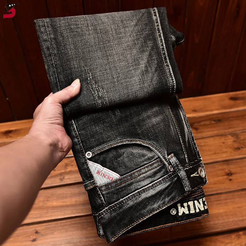 Celana panjang Denim hitam kasual pria, Jeans kelas atas elastis lurus ramping kasual klasik musim gugur dan musim dingin 2024