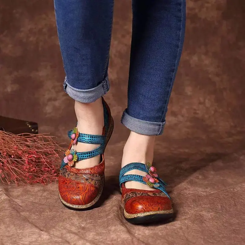 Vintage Floral Splicing Colored Stitching Hook Loop Flat Shoes Spring Summer Casual Women Flat Shoes New