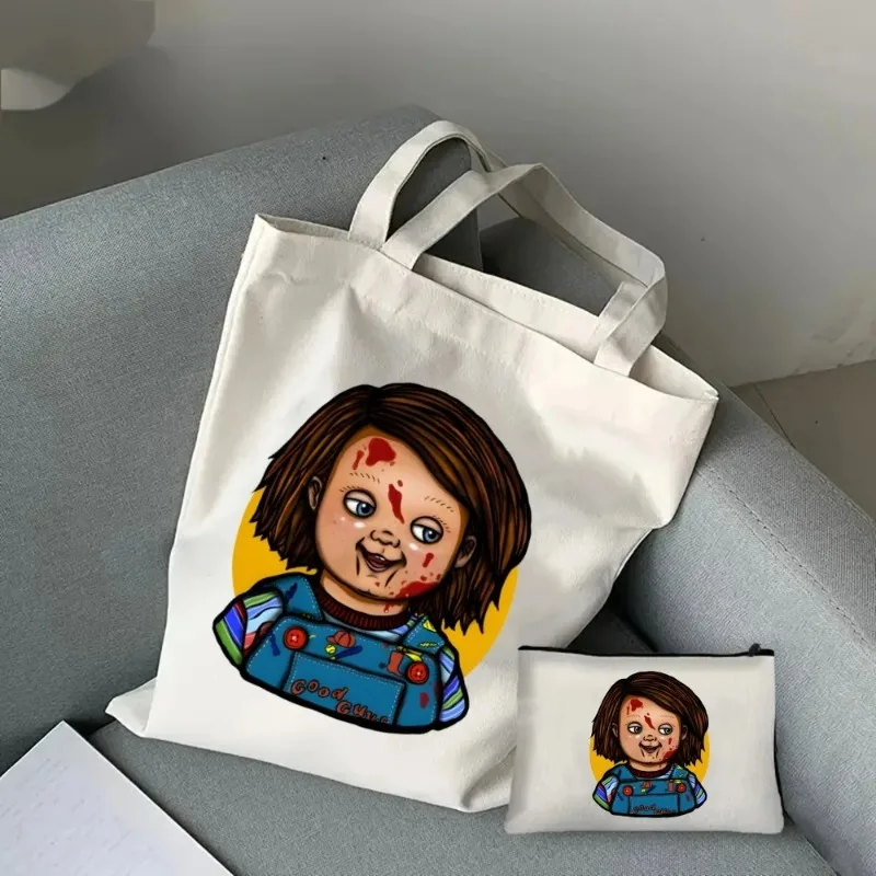 Chucky Terror Bride Ladies Canvas Shoulder Bag Cosmetic Bag Set Fashion Handbag Eco Large Capacity Shopping Bag Purse Gift