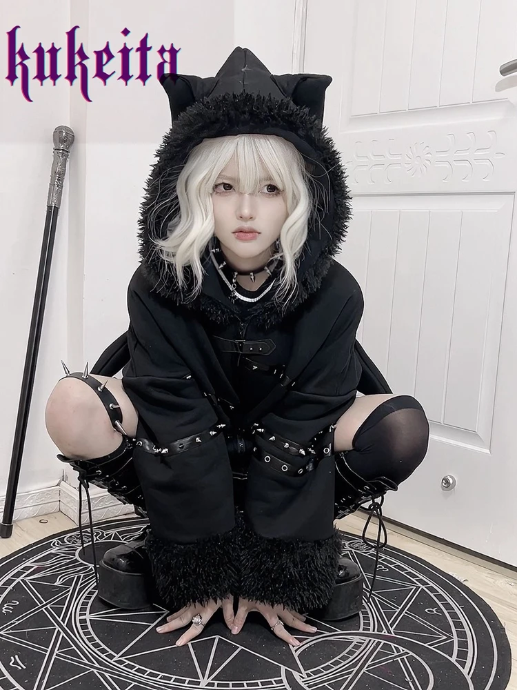 Harajuku Women Jacket Winter Thicken Warm Coat Punk Rivet Black Loose Hoodies Sweatshirt Gothic Devil Wings Punk Grunge Jacket