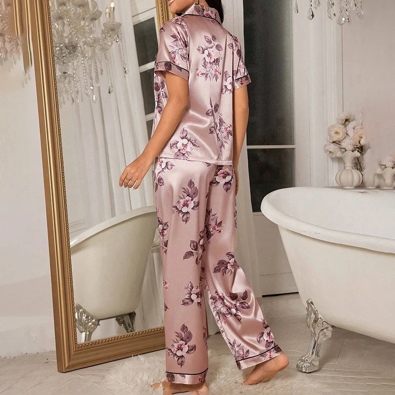 Women\'s Pajama Elegant Satin Lounge Set Flower Print Short Sleeve Buttons Lapel Top & Long Pants Nightwear for Lady Home Clothes