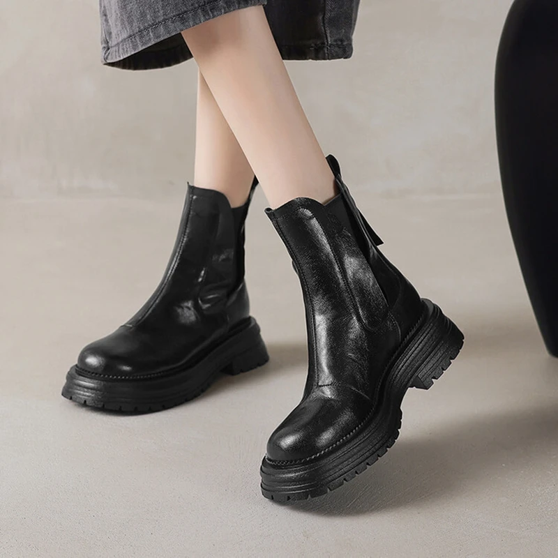 NEW Autumn Women Boots Round Toe Chunky Heel Shoes Split Leather Shoes Women Casual Platform Chelsea Boots Daily Shoes Zip Boots