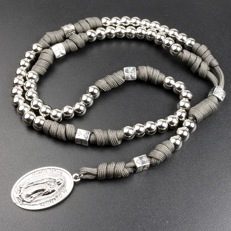 Gothic Revival Beaded Cross Prayer Necklace with Black Cord - Stylish Religious Jewelry Accessory