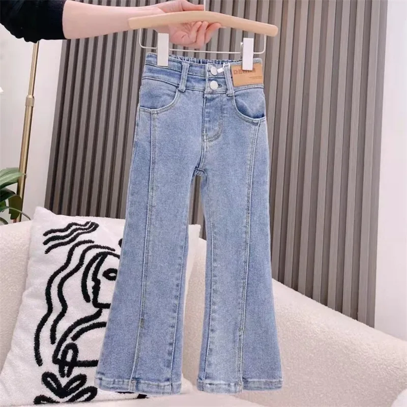 RAISE Spring Kids Girls Flared Pant Cotton Sticker Baby Girl Denim Pant Retro Elastic Wiast Toddler Girls Jeans Children Trouser