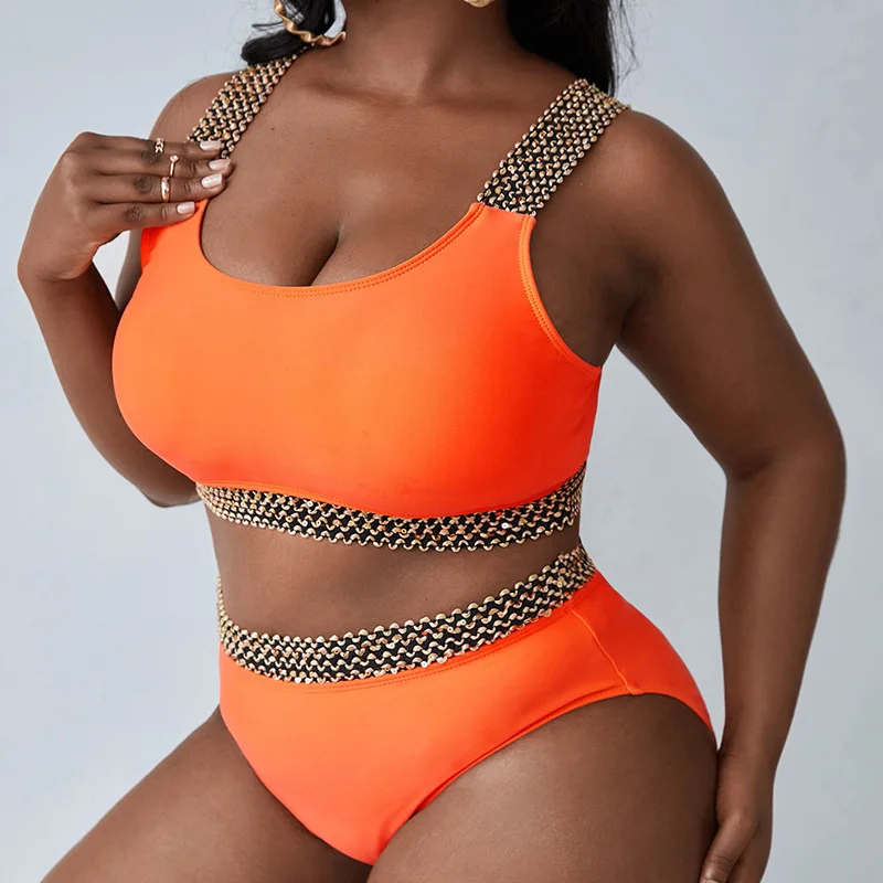 Plus Size Women's Solid Color Bikini High-Waist Swimsuit for Beach & Pool