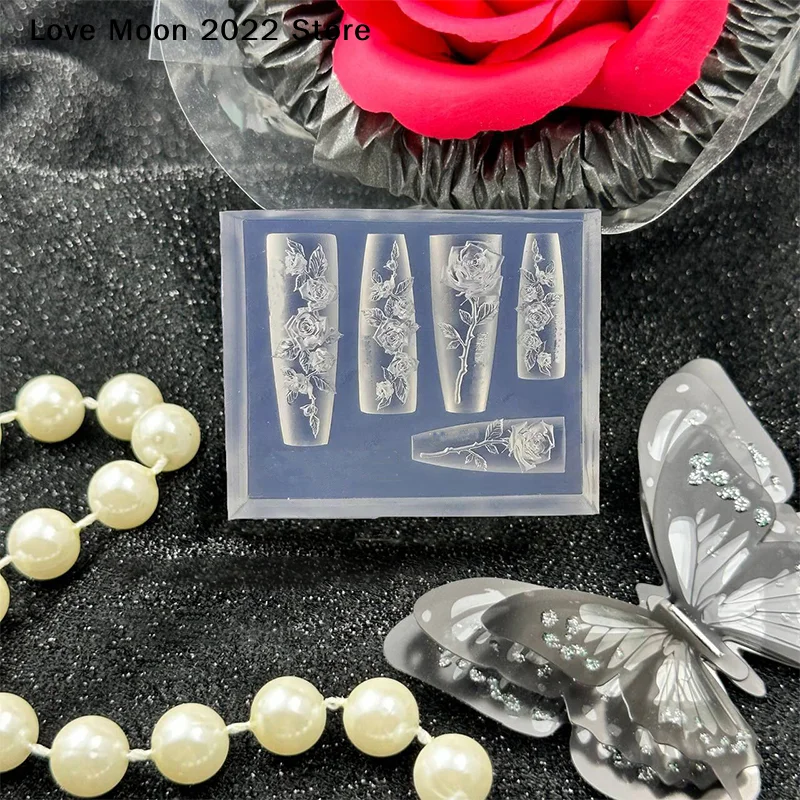 Stampo per intaglio di unghie con fiore in silicone 3D fai-da-te Crea fiori di rosa Piastra per timbratura Stencil per unghie Modello per unghie Decorazioni per nail art