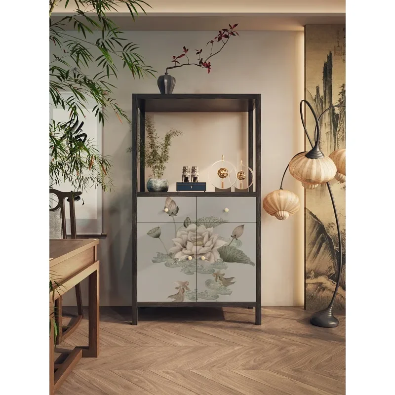 Retro lotus lacquer painting, new Chinese-style Bogu rack, home living room, entrance cabinet, shelf, home storage