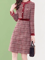 EVNISI Vintage Tweed Dress donna diamanti Ruffle Wine abiti eleganti Plaid Beaded Flamingo di lana Vestidos 2024 autunno inverno