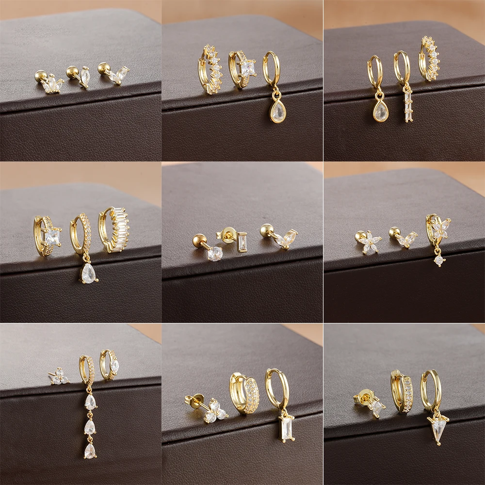 3PCS Mode Geometrische Kreis Ohrringe Für Frauen 14K Gold Überzogene Teenager Kubikzircon Blatt Creolen Party Täglichen schmuck