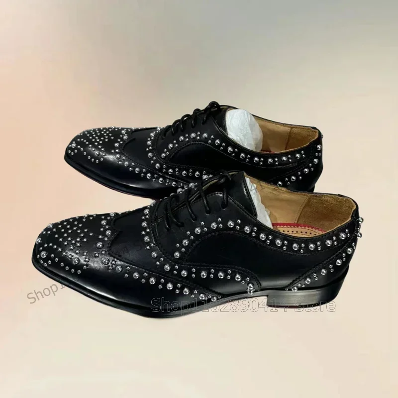 Silver Rivets Decor Black Strappy Square Toe Loafers Fashion Lace Up Men Shoes Luxurious Handmade Party Office Men Dress Shoes - view 5