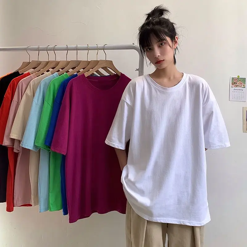 

Short-sleeved T-shirt for Women 2022 Summer Harajuku Style Loose Couple Wear Solid Color White Top Outdoor Training Running Tee