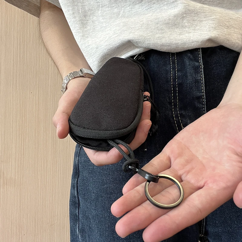 Mini Tactical Key Wallets with Key Chain Ring Black Zipper Car Key Bag Nylon Waterproof Wear Resistant Outdoor Coin Purse