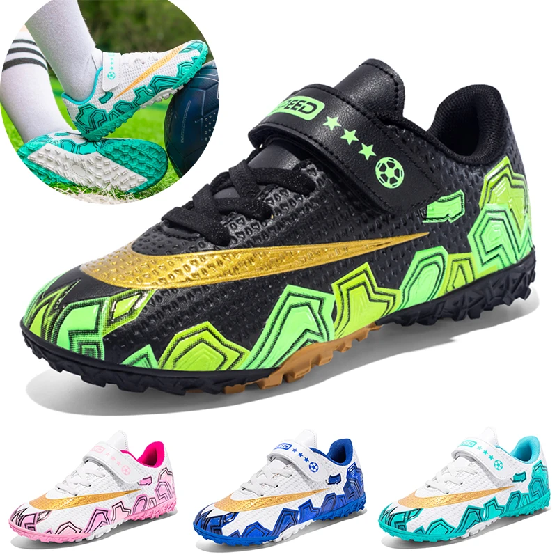 Children Football Shoes Soccer Boots Kids Boys Girls Sneakers New Leather High Top Soccer Cleats Training Outdoor Hook & Loop