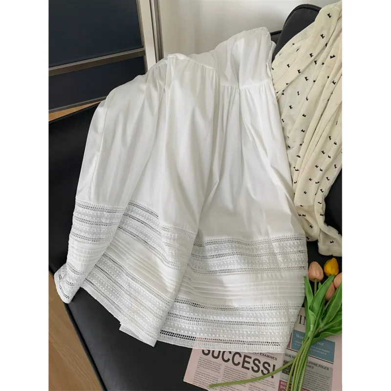 Spring Summer Lace Hollow Out Skirt Women Elastic Waist A-line Korean Midi White Skirts