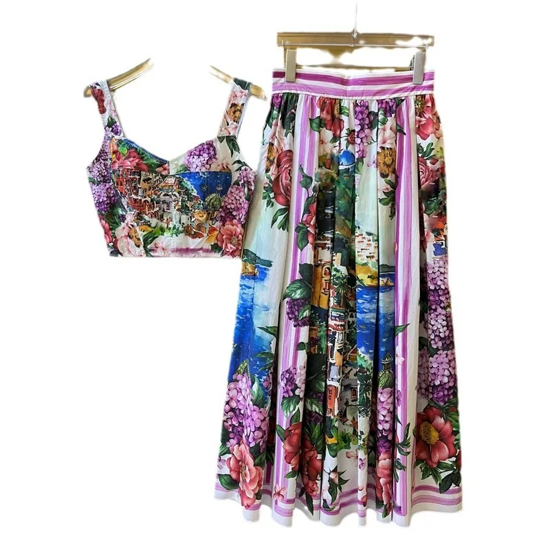 Quality Runway Summer Fall Flower Two Piece Set Women Skirts Suits Seaside Print Sexy Crop Tops T Shirts Long Maxi Skirt Outfits