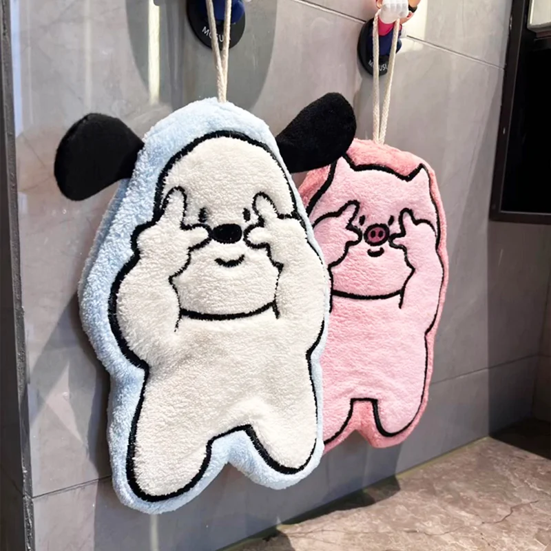 Cute Cartoon Animal Shaped Hanging Hand Towel, Soft Coral Fleece Absorbent Hand Cloth, Kitchen Bathroom Decor Towel