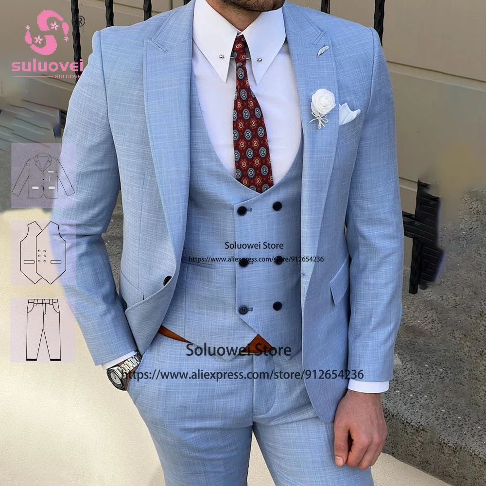 Fashion Light Blue Linen Suits For Men Slim Fit Elegant 3 Piece Jacket Vest Pants Set Formal Grooms Wedding Peaked Lapel Tuxedos