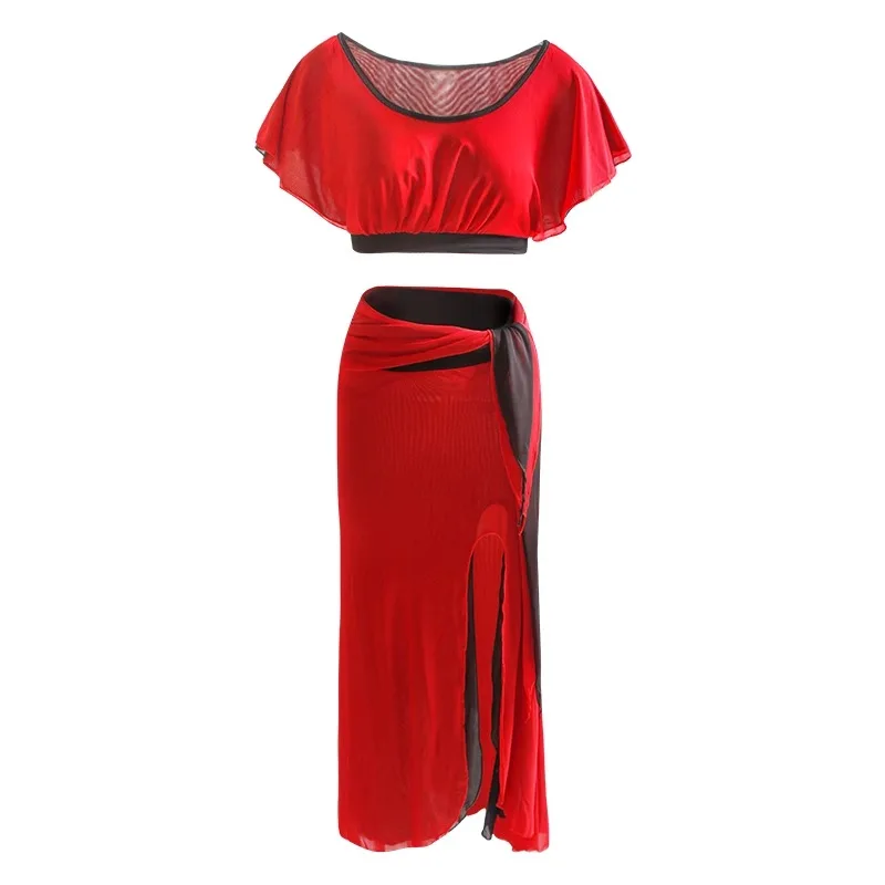 カスタマイズされたベリーダンスセット両側に水ガーゼセクシーな露出へそハイスリット衣装大人女性のためのエキゾチックダンスウェア