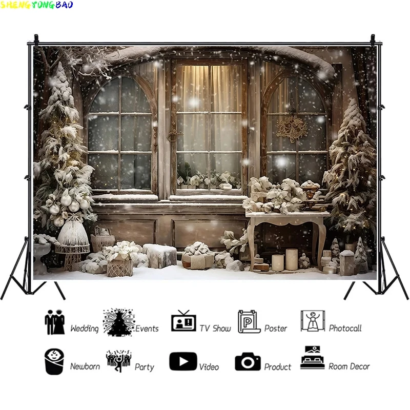 

Vinyl Custom Christmas Tree Window Candy Photography Backdrop Wooden Doors Snowman Cinema Pine New Year Background Prop LA-30