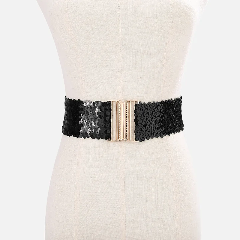 Hot selling women\'s sequin belt dress with elasticated elastic gold alloy buckle waistband