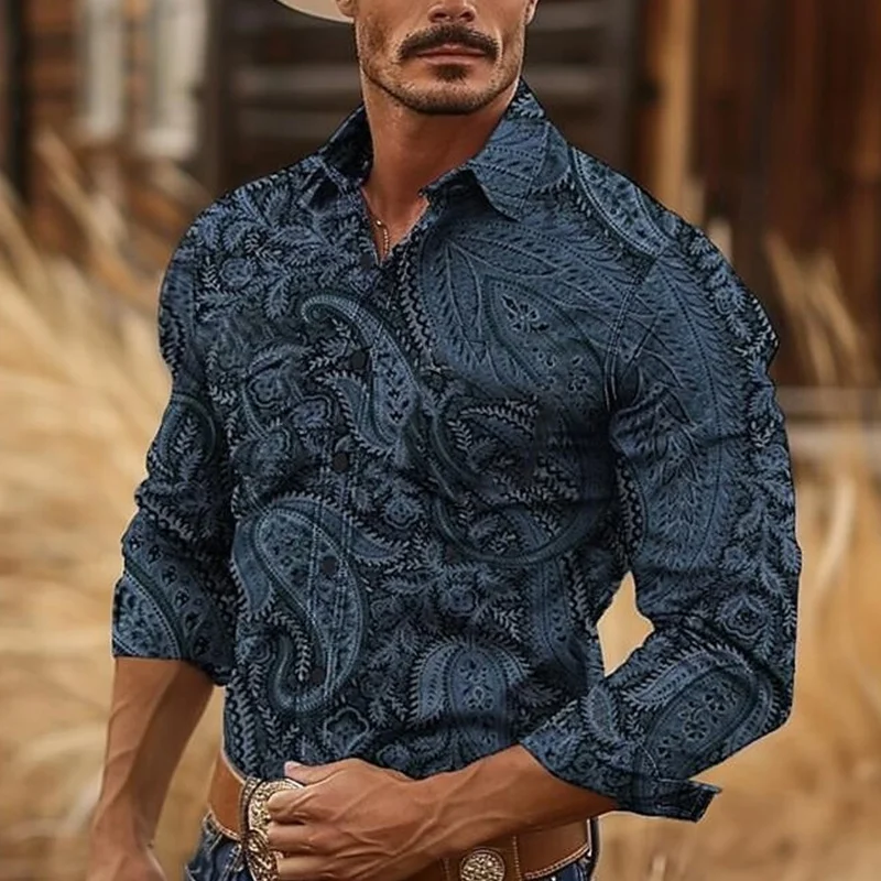 Men's Retro Western Cowboy Style 3D Printed Long Sleeve Shirt New Fashion High Quality Collar Shirt Casual Design Men's Clothing