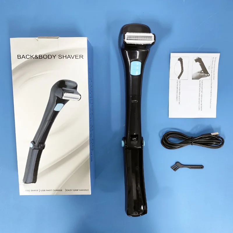 

Long-handled foldable portable body hair trimmer with electric function for men's back shaving. Can be charged via USB.