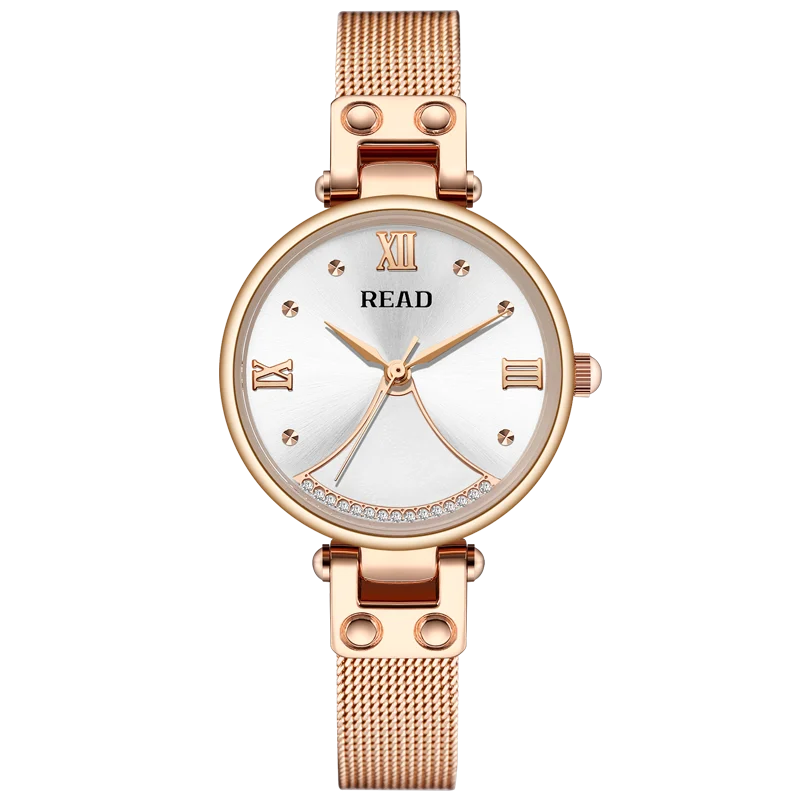 READ Ladies Analog Wristwatch | Sunburst Dial With Rhinestone Deco | Stainless Steel Mesh Strap | Daily Waterproof Dress Watch