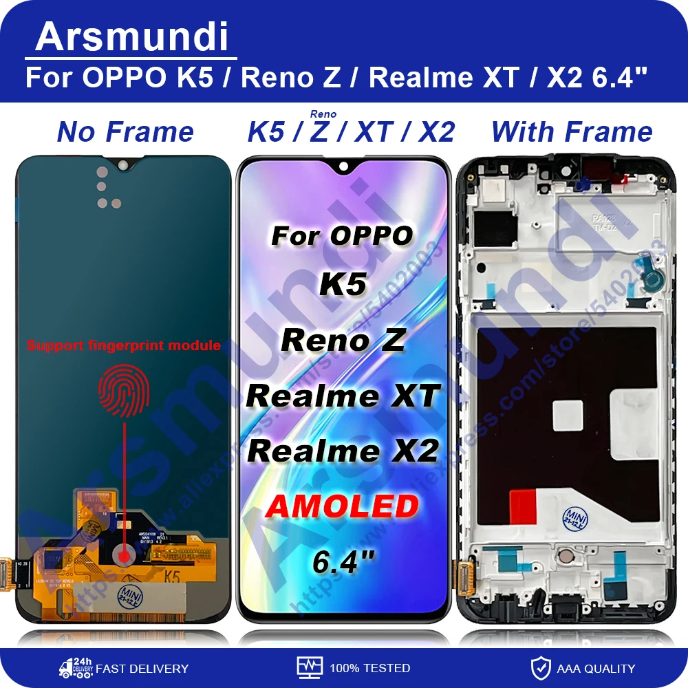 

To AMOLED For OPPO K5 Reno Z LCD Display Screen Touch Panel Digitizer For Realme X2 Realme XT LCD Display With Frame