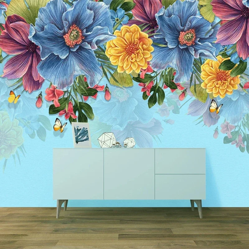 Custom 3D Retro Hand Painted Floral Mural Living Room Bedroom Background Photo Wallpaper Blue Flowers Waterproof Canvas Painting