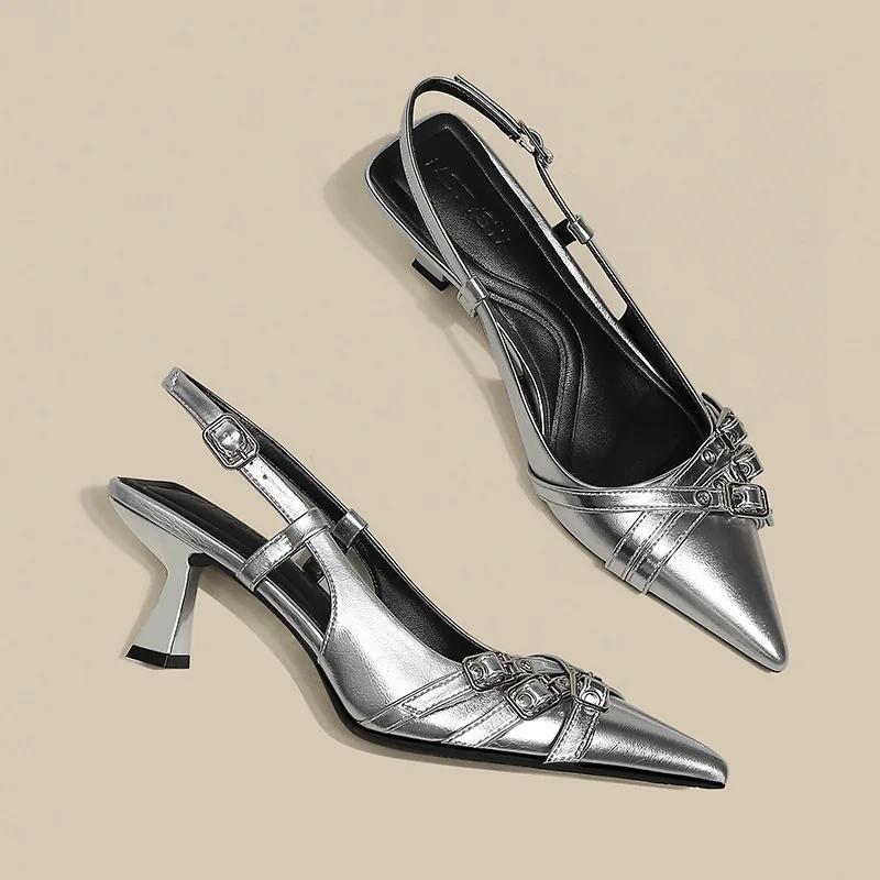 

High Heels For Women Silver Pointed Toe Belt Buckle Single Shoes French Style Elegant Office Woman Shoes Zapatos De Mujer