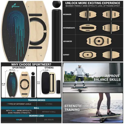 Balance Board - 7 Modes Wobble Board with Adjustable Stoppers - Exercise Balancing Stability Trainer
