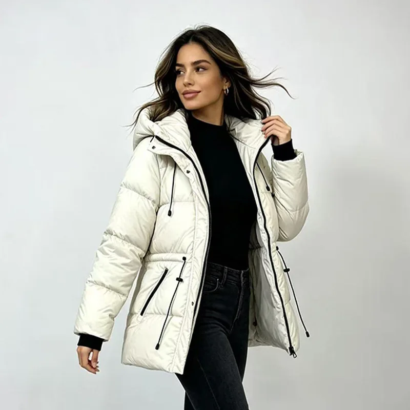 Women Slim Thicken Parkas Autumn Winter Female Warm Jacket Parkas Drawstring Waist Solid Slim Windproof Outwear Coats