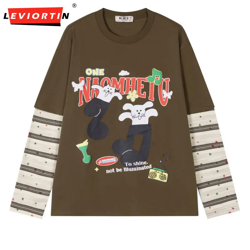 

Men's autumn loose casual casual casual two piece fake top fashionable splicing foam cartoon printed long sleeved T-shirt
