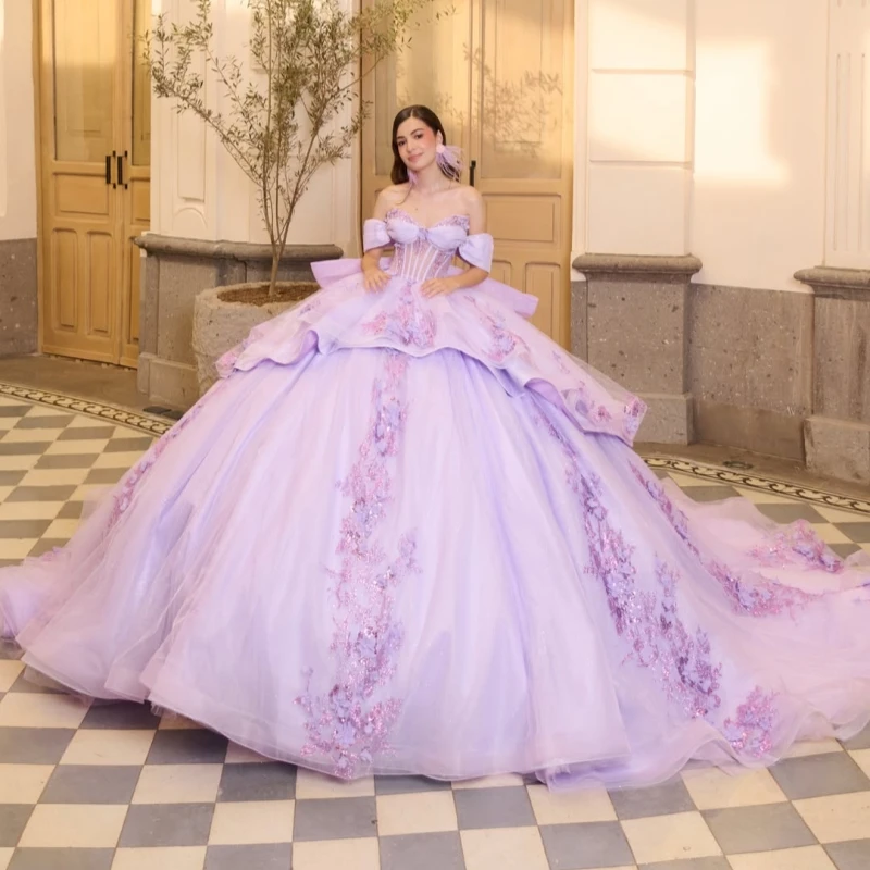Lavender Glitter Quinceanera Dresses Off Shoulder Ball Gown Sweet 16 Dress Applique Beading Bow Tull Party Birthday Vetidos 15 d