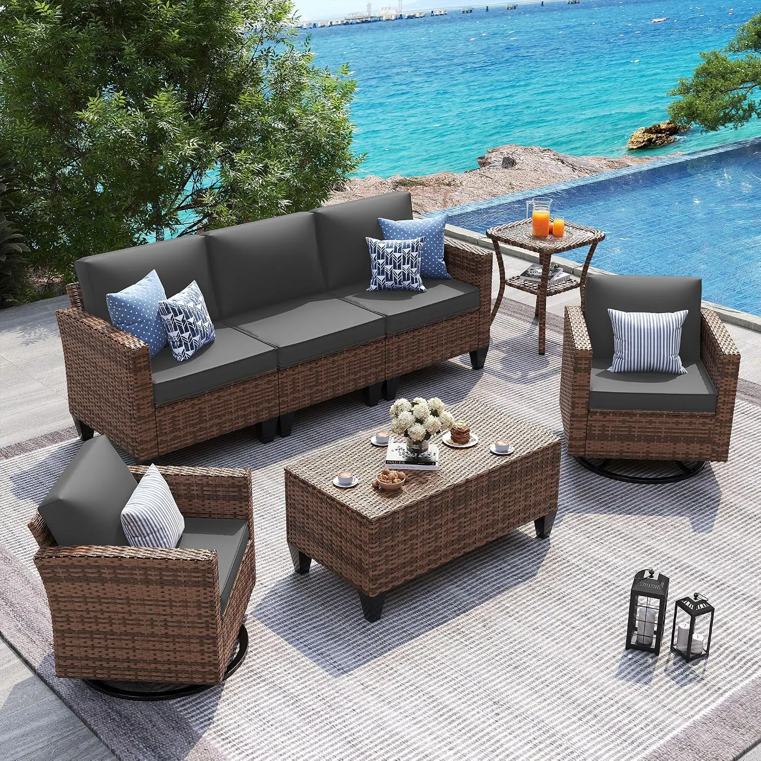 5-Piece Wicker Patio Set with Swivel Rocking Chairs & Storage Table, Waterproof Cover for Backyard Deck Porch, Grey, Customized