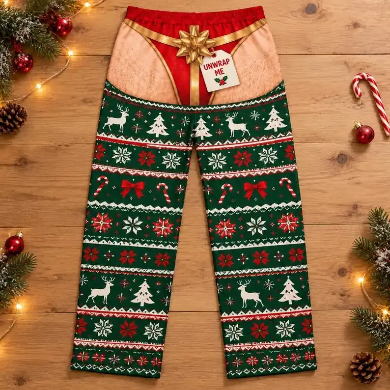 Men Women Funny Christmas Wide Leg Pants Fair Isle Reindeer Tree Fake Thong Cutout Print Xmas Couple Party Novelty Prank Costume