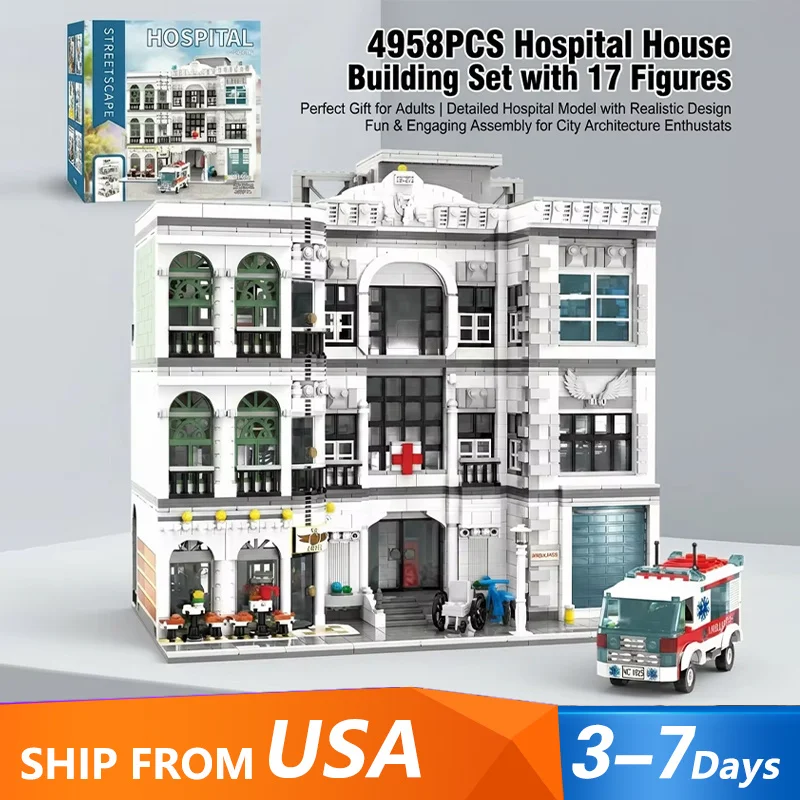 4958PCS Hospital House Buildings Sets with 17 Figures City Architecture Modular Building Blocdel Bk Assembly Moricks Kit Creative Toy Adult Gift