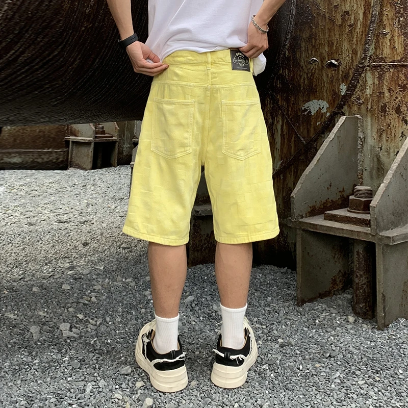 BGC9378-1 Summer tide senior sense of washed yellow jacquard denim shorts men's straight five trousers trend in trousers