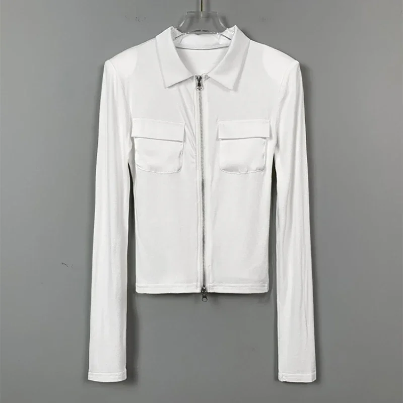 

Пальто с длинными рукавами и двойным карманом на молнии, корейские шикарные сексуальные тонкие куртки, однотонные однотонные укороченные топы с отложным воротником для девочек