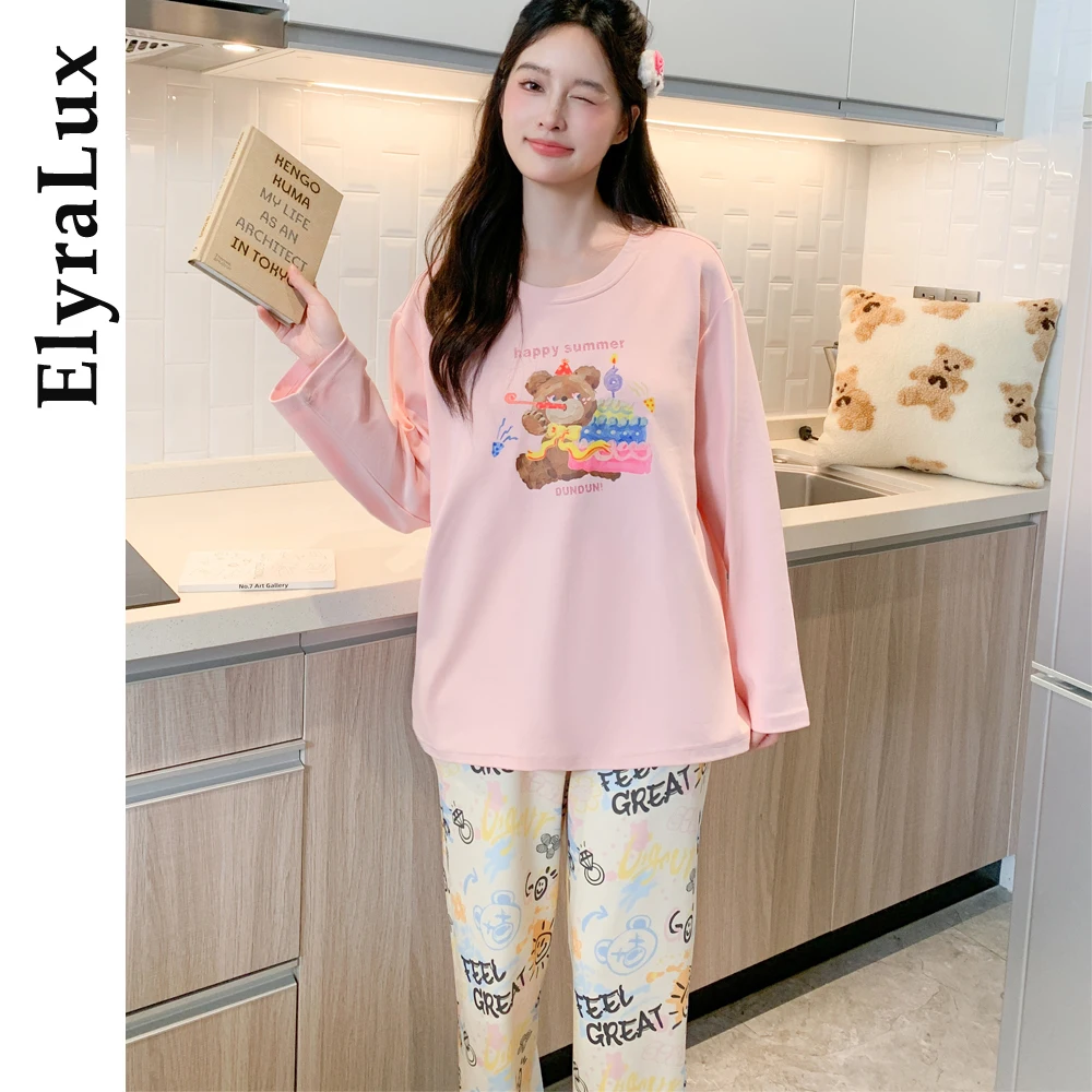 

ElyraLux весенне-осенний женский комплект одежды для сна с длинными рукавами, свободная пижама, удобная домашняя одежда, верхняя одежда, хлопковая пижама