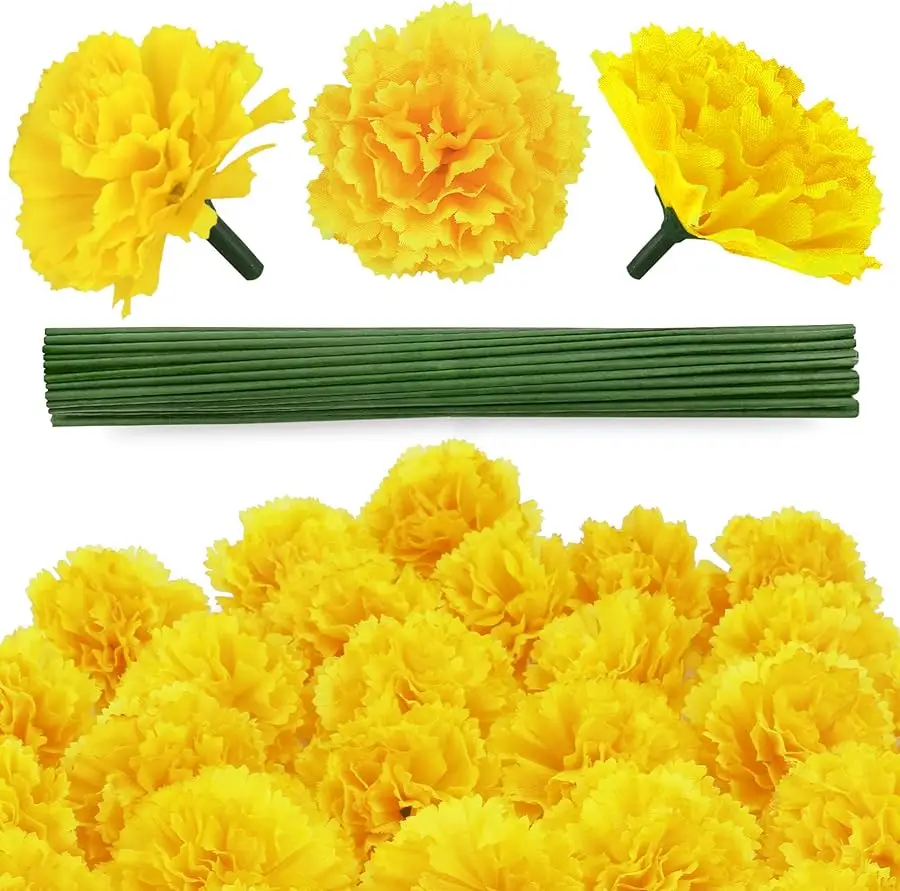

30 Pcs Artificial Marigold Flowers,3.54" Silk Marigold Flower Heads with Stems,Yellow Flowers Artificial for Diwali Decor,Indian