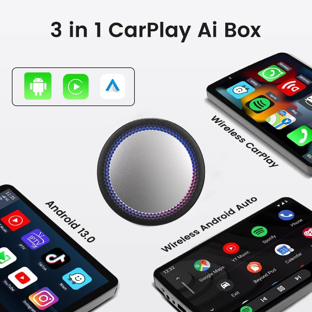 

3in1 CarPlay Android 13.0 Ai Box Wired to Wireless Auto USB WIFI Adapter For Youtube Netflix TV Box Plug Play GT7H