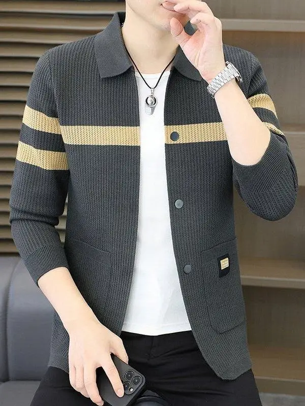 

Мужской вязаный кардиган в полоску с контрастными вставками, модный приталенный свитер-пальто для весны и осени, повседневный, из полиэстера