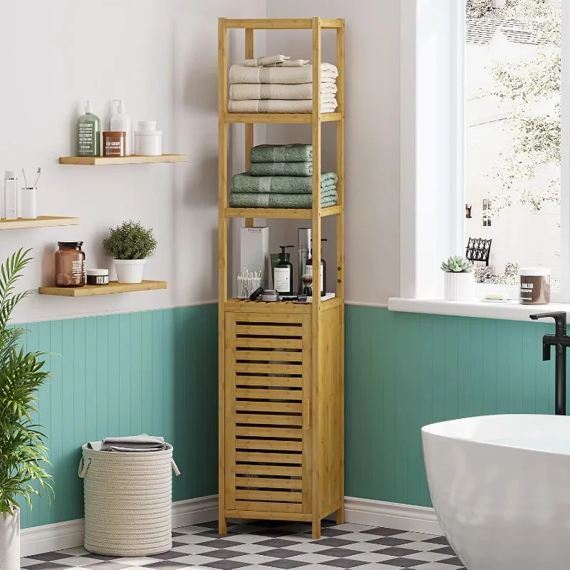 Storage Tall Slim Cabinet with Shutter Door and 3 Tier Shelves, Freestanding Linen Tower Cabinet for Living